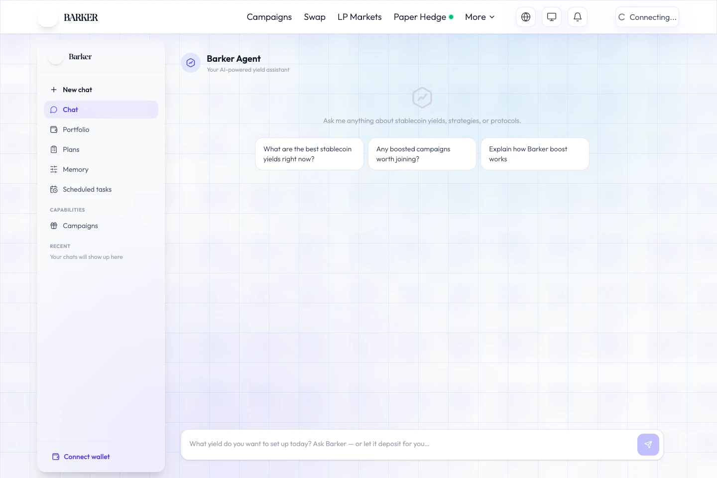 Barker Agent interface with a conversation workspace, suggested prompts, and task navigation.